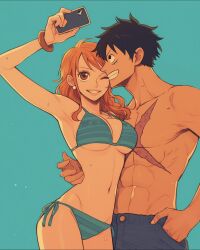  1boy 1girl bikini black_hair breasts brown_eyes cellphone cleavage couple curvy highres kawaii_nations large_breasts long_hair monkey_d._luffy muscular muscular_male nami_(one_piece) navel one_eye_closed one_piece orange_hair phone scar selfie short_hair smartphone smile swimsuit topless topless_male underboob wink  rating:General score:14 user:lespam_605