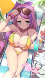  1girl alternate_costume arm_up bandaid bandaid_on_knee bandaid_on_leg bikini blush breasts brown-framed_eyewear cleavage closed_mouth commentary_request creatures_(company) cup day deck_chair drinking_straw eyelashes eyeshadow from_above game_freak glass green_eyes highres holding holding_cup jewelry kasai_shin large_breasts long_hair makeup miriam_(pokemon) necklace nintendo outdoors pink_eyeshadow pokemon pokemon_sv purple_hair scrunchie sitting smile solo sunglasses swimsuit wrist_scrunchie  rating:Sensitive score:88 user:danbooru