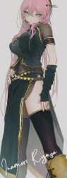  1girl blue_eyes breasts covered_navel expressionless feet_out_of_frame highres inaeda_kei long_hair looking_at_viewer medium_breasts megurine_luka pink_hair pink_nails solo thighhighs very_long_hair vocaloid 