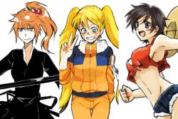  3girls armpits artist_request black_eyes black_hair black_kimono bleach blonde_hair blue_eyes blue_jacket blush breasts brown_eyes clenched_hand collarbone crop_top crossover cutoffs facial_mark facing_viewer food food-themed_hair_ornament fruit genderswap genderswap_(mtf) grin hair_between_eyes hair_ornament hand_up happy hat high_ponytail holding holding_sword holding_weapon jacket japanese_clothes katana kimono kurosaki_ichigo large_breasts long_hair long_sleeves looking_at_viewer looking_to_the_side luffyko matching_hair/eyes medium_breasts midriff monkey_d._luffy multicolored_clothes multicolored_jacket multiple_girls naruko_(naruto) naruto naruto_(series) navel one_piece open_mouth orange_hair orange_jacket orange_pants pants parted_lips ponytail scar scar_on_face shihakusho short_hair short_shorts shorts simple_background smile source_request stampede_string standing straw_hat strawberry strawberry_hair_ornament string sword teeth tongue twintails uzumaki_naruto v very_long_hair weapon whisker_markings whiskers white_background white_jacket zipper zipper_pull_tab  rating:Sensitive score:100 user:thebatman