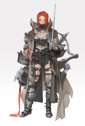  1girl absurdres armor armored_boots armored_gloves belt_pouch boots bow_(weapon) braid breastplate breasts coat commentary crossbow english_commentary full_body gradient_background helmet high_collar highres holding holding_helmet holding_sword holding_weapon knife knight long_coat mole mole_under_eye multiple_moles multiple_weapons muskdeer mystical_high_collar original pouch quiver red_hair scabbard sheath sheathed single_braid skirt sword thigh_boots thigh_sheath thigh_strap weapon white_background  rating:Sensitive score:1 user:danbooru
