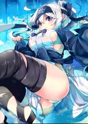 10s 1girl ainu_clothes bandana black_thighhighs blue_eyes breasts cropped_jacket folded_ponytail gouda_nagi headband highres kamoi_(kancolle) kantai_collection long_hair long_sleeves see-through sideboob sidelocks solo thick_eyebrows thighhighs water wet wet_clothes white_hair wrist_guards rating:Questionable score:8 user:danbooru