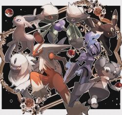  :&lt; absol alternate_color black_fur border ceruledge colored_sclera colored_skin creatures_(company) espeon flower game_freak gen_2_pokemon gen_3_pokemon gen_4_pokemon gen_8_pokemon green_skin grey_skin highres holding holding_poke_ball indeedee indeedee_(male) nintendo no_humans open_mouth outline pink_skin poke_ball pokemon pokemon_(creature) purple_eyes red_eyes red_sclera reo_(mmocc123) rose roserade shiny_pokemon smile two-tone_background umbreon white_border white_fur white_outline 