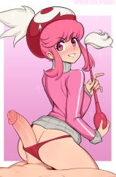 1boy 1girl afrobull ass blush breasts butt_crack buttjob erection from_behind highres jakuzure_nonon kill_la_kill long_sleeves looking_at_viewer medium_breasts panties penis penis_under_another&#039;s_clothes pink_background pink_eyes pink_hair red_panties sidelocks simple_background smile sweater uncensored underwear rating:Explicit score:240 user:DarkToonLink