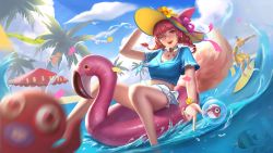  animal_ears beach blue_shirt clear_sky fox_ears fox_mage fox_tail highres inflatable_toy octopus palm_tree pink_eyes pink_hair resized shirt sky taichi_panda tail tree upscaled water  rating:Sensitive score:3 user:ReachingOut