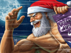  1boy :d abs artist_name beard biceps big_nose blush bobblehat christmas dated facial_hair fingernails full_moon fur-trimmed_headwear fur_trim hat holding male_focus matataku moon muscular muscular_male night night_sky nipples old old_man open_mouth original pectorals red_hat santa_claus santa_hat sky smile solo speed_lines star_(sky) starry_sky surprised_cat_(matataku) teeth thick_eyebrows translation_request upper_body v-shaped_eyebrows veins  rating:Sensitive score:5 user:danbooru