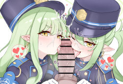  1boy 2girls absurdres armband bar_censor blue_archive blue_armband blush censored cooperative_fellatio cum cum_in_mouth cum_on_hair cum_on_headwear cum_on_tongue daram_(shappydude) ejaculation erection facial fellatio green_hair heart hetero hikari_(blue_archive) nozomi_(blue_archive) highres licking licking_penis looking_at_viewer multiple_girls oral penis pointy_ears pov pov_crotch saliva simple_background spoken_heart sweat testicles tongue tongue_out veins veiny_penis white_background 