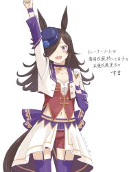 1girl absurdres animal_ears arm_up blue_hat hat highres horse_ears horse_girl horse_tail kawashina_(momen_silicon) official_alternate_costume purple_eyes purple_thighhighs rice_shower_(umamusume) solo standing tail thighhighs umamusume