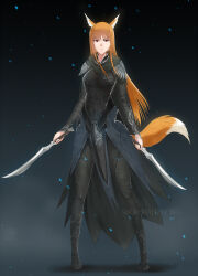  1girl animal_ears armor black_footwear boots breasts brown_hair cape character_request commission copyright_request cosplay full_body highres holding holding_sword holding_weapon holo long_hair looking_at_viewer medium_breasts red_eyes shoulder_armor skin_tight solo spice_and_wolf sword swordwaltzworks tail the_lord_of_the_rings tolkien&#039;s_legendarium tolkien's_legendarium weapon wolf_ears wolf_girl wolf_tail 