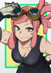  1girl black_gloves black_shirt boku_no_hero_academia breasts bruise cleavage collarbone colorized cowboy_shot crosshair_pupils d_angel002 gloves goggles goggles_on_head grin hand_on_own_hip hatsume_mei highres injury large_breasts leaning_forward long_hair looking_at_viewer medium_hair monochrome nagatomo1565 shirt sidelocks sleeveless smile solo symbol-shaped_pupils tank_top two-tone_gloves 