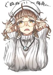  1girl breasts brown_eyes brown_hair glasses headdress highres jewelry kantai_collection large_breasts long_sleeves necklace official_alternate_costume open_mouth pince-nez ribbed_sweater roma_(kancolle) short_hair solo sweater tonke translation_request turtleneck turtleneck_sweater upper_body white_sweater 
