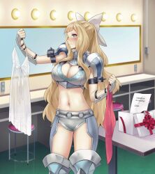  1girl absurdres armor bikini_armor blonde_hair blue_eyes bow box breasts charlotte_(fire_emblem) cleavage clothes_hanger commission dress dressing_room fire_emblem fire_emblem_fates gift gift_box hair_bow highres igni_tion large_breasts nintendo pauldrons shoulder_armor wavy_hair white_bow 