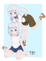  2girls :o absurdres ahoge alternate_costume alternate_hairstyle animal_ears bare_arms black_collar blue_background blue_eyes blue_hair blue_nails blue_scrunchie bone_hair_ornament boots braid brown_shorts cat_ears cat_girl cat_tail collar dog_ears dog_girl dog_tail dual_persona feet frilled_sleeves frills gawr_gura hair_ornament hair_scrunchie highres hololive hololive_english kemonomimi_mode looking_at_viewer lucasyecla99 medium_hair multicolored_hair multiple_girls nail_polish one_side_up open_mouth outside_border sandals scrunchie shirt short_sleeves shorts sitting standing standing_on_one_leg streaked_hair suspender_shorts suspenders tail toenail_polish toenails toes tongue tongue_out twin_braids virtual_youtuber wariza white_hair white_shirt 