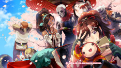  3girls 5boys ? breasts cellphone character_request closed_mouth cloud dango dark-skinned_female dark_skin dog fighting_ex_layer fingerless_gloves food gloves hair_ornament highres holding holding_phone knitty_(technictix) long_hair looking_at_viewer multiple_boys multiple_girls nanase_(street_fighter) official_art official_wallpaper one_eye_closed open_mouth phone pullum_purna shirase_(street_fighter) skullomania smile street_fighter street_fighter_ex_(series) technictix tree umbrella v wagashi x_hair_ornament 