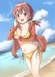 1girl :d absurdres arm_under_breasts bare_legs beach bikini blue_sky breasts brown_hair cleavage cloud collarbone commentary day groin hair_between_eyes hair_ornament hand_on_own_cheek hand_on_own_face highres hood hood_down hoodie horizon lens_flare light_blush long_sleeves looking_at_viewer low_twintails medium_breasts murosaki_miyo navel onii-chan_wa_oshimai! open_clothes open_hoodie open_mouth outdoors red_eyes red_hoodie side-tie_bikini_bottom sky smile solo stomach swimsuit twintails water yellow_bikini you0812n rating:Sensitive score:11 user:danbooru