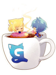 2girls animal_ears arm_floats blonde_hair blue_hair blue_one-piece_swimsuit blush born-to-die cat_ears cat_tail chibi closed_eyes coffee cup doughnut eating female_focus food full_body gelbooru innertube logo loli mini_person minigirl multiple_girls official_art one-piece_swimsuit short_hair simple_background sitting smell straight_hair swim_ring swimming swimsuit tagme tail white_background rating:Sensitive score:33 user:SystemError
