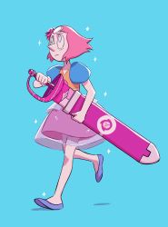  1girl absurdres blue_background blue_eyes closed_mouth colored_skin forehead_jewel full_body highres leiana_nitura pearl_(steven_universe) pointy_nose puffy_short_sleeves puffy_sleeves ribbon see-through short_sleeves simple_background spoilers steven_universe sword walking weapon white_skin  rating:Sensitive score:11 user:danbooru