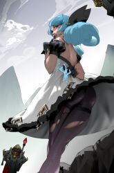 1girl :d arm_behind_back ass black_bow black_gloves black_pantyhose bow cloud dress feet_out_of_frame from_below gloves green_hair grey_dress grey_sky gwen_(league_of_legends) hair_bow holding holding_scissors hua_zhong_yu league_of_legends long_hair looking_at_viewer mountain open_mouth outdoors pantyhose scissors sky smile solo torn_clothes torn_pantyhose rating:Sensitive score:21 user:danbooru