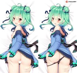 1girl ahoge anus ass bare_shoulders bed_sheet black_panties blush breasts butt_crack censored chintora0201 commentary_request dakimakura_(medium) detached_sleeves double_bun dress earrings from_behind green_hair hair_bun hair_ornament hand_on_own_ass heart heart_censor highres hololive jewelry long_sleeves looking_at_viewer looking_back lying multiple_views nipples on_stomach open_mouth panties panty_pull red_eyes ribbon skull_earrings skull_hair_ornament small_breasts underwear uruha_rushia uruha_rushia_(1st_costume) virtual_youtuber wide_sleeves rating:Explicit score:148 user:danbooru