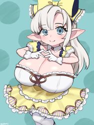  absurdres alternate_breast_size blue_eyes bow breasts cleavage detached_collar dress frilled_dress frills gloves granblue_fantasy hair_bow harvin heart heart_hands highres huge_breasts lilele_(granblue_fantasy) loli long_hair long_pointy_ears oppai_loli pantyhose parted_bangs pointy_ears saitou_touko simple_background smile white_gloves white_hair white_pantyhose yellow_dress 