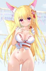 1girl animal_ear_fluff animal_ears arm_behind_back between_legs blonde_hair bottomless breasts bustier cleavage cloud covering_privates covering_crotch fox_girl fox_tail gluteal_fold groin hair_ornament hand_between_legs hand_on_own_chest highres hiyada_yuu long_hair navel original outdoors red_eyes sky solo tail thighs rating:Questionable score:15 user:danbooru