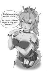  1girl bowsette breasts cleavage english_text female_focus full_body greyscale highres kneeling mario_(series) monochrome monster_girl nintendo solo speech_bubble white_background  rating:Sensitive score:9 user:ahegaolife