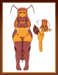  1girl angry antenna_hair antennae arthropod_girl bee bee_girl belly boligonautas breasts bug cleavage colored_skin feet feet_together highres insect insect_girl long_hair navel no_nose orange_hair original panties shirt simple_background smug smug_smile stinger sweat sweatdrop t-shirt thick_thighs thighhighs thighs underwear watermark yellow_eyes yellow_skin  rating:Questionable score:9 user:boligonautas