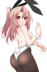  1girl absurdres alternate_costume ass black_pantyhose breasts brown_eyes cowboy_shot detached_collar from_behind high_ponytail highres kantai_collection leotard light_brown_hair looking_at_viewer pantyhose pia_(botamochinjufu) playboy_bunny ponytail rabbit_tail small_breasts solo strapless strapless_leotard tail white_leotard wrist_cuffs zuihou_(kancolle) 