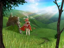  1girl arch_bishop_(ragnarok_online) blonde_hair cloud commentary_request day dress feathered_wings fishnet_thighhighs fishnets flower from_behind full_body grass highres hill holding holding_staff juliet_sleeves long_sleeves medium_hair micoto mountain mountainous_horizon outdoors path puffy_sleeves purple_flower ragnarok_online red_dress road scenery see-through sky solo staff standing stone_wall thighhighs tree twintails two-tone_dress wall white_dress white_thighhighs wide_shot wide_sleeves wing_hair_ornament wings yellow_flower 