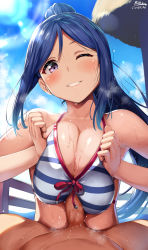 1boy 1girl belko bikini blue_hair blush breasts breasts_squeezed_together censored clothed_female_nude_male front-tie_bikini_top front-tie_top grin hetero highres huge_breasts long_hair looking_at_viewer love_live! love_live!_sunshine!! matsuura_kanan mosaic_censoring nude one_eye_closed outdoors paizuri paizuri_under_clothes penis ponytail pov purple_eyes smile solo_focus striped_bikini striped_clothes sweat swimsuit teeth rating:Explicit score:374 user:danbooru