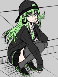 1girl female_focus flat_color green_eyes green_hair hat long_hair lummypixith necktie original shoes sketch skirt smile thick_thighs thighs