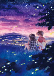 1boy 1girl absurdres blurry city_lights cloud commentary couple depth_of_field fireflies grass highres hill long_hair looking_at_another night open_mouth original painting_(medium) plaid scenery selina short_hair shorts sitting sky star_(sky) summer sunset traditional_media tree watercolor_(medium) rating:Sensitive score:3 user:danbooru