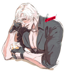  1boy alcohol black_gloves blue_eyes blush cup dante_(devil_may_cry) devil_may_cry devil_may_cry_(series) devil_may_cry_4 drinking drunk fingerless_gloves gge_(gebback_dark) gloves hand_on_own_face holding holding_cup large_pectorals male_focus mature_male muscular muscular_male open_mouth pectoral_cleavage pectorals shirt sitting smile solo white_hair 