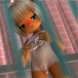 1girl 3d breasts copyright_request eyebrows female_focus holding loli motion_blur navel nipples nude open_mouth panties pussy short_hair small_breasts solo standing striped_clothes striped_panties tagu-2 tan tanline underwear