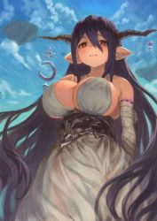 1girl bandaged_arm bandages bare_shoulders blue_sky breasts cleavage cloud danua day draph dress female_focus granblue_fantasy highres horns large_breasts looking_at_viewer pointed red_theme sky solo standing takup white_dress rating:Sensitive score:33 user:MSD_Diana
