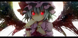  1girl ascot bad_id bad_pixiv_id blue_hair female_focus glowing glowing_eyes hand_on_own_cheek hand_on_own_face hat hat_ribbon hinase_haruka letterboxed looking_at_viewer red_eyes remilia_scarlet ribbon short_sleeves smile solo touhou wings wristband 