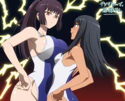  2girls ass bare_legs bare_shoulders black_hair breast_envy breast_press breasts brown_hair competition_swimsuit curvy dark-skinned_female dark_skin hands_on_own_hips highleg highleg_swimsuit ijiranaide_nagatoro-san large_breasts long_hair looking_at_another multiple_girls nagatoro_hayase one-piece_swimsuit ponytail screencap shiny_skin size_difference small_breasts sunomiya_sana swimsuit  rating:Questionable score:150 user:Larper_