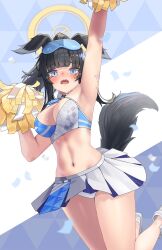  1girl absurdres animal_ears arm_up armpits bare_arms bare_shoulders black_hair blue_archive blue_eyes blunt_bangs breasts cheerleader cleavage clothes_writing commentary_request crop_top eyewear_on_head geomiddang hand_up hibiki_(blue_archive) highres holding holding_pom_poms large_breasts long_hair looking_at_viewer midriff miniskirt navel open_mouth pleated_skirt pom_pom_(cheerleading) pom_poms shoes skirt solo stomach sunglasses tail thighs white_footwear white_skirt 
