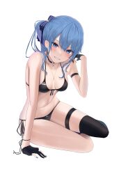  1girl absurdres arm_strap bare_shoulders bikini black_bikini black_gloves blue_choker blue_eyes blue_hair blue_nails blue_ribbon blush breasts choker collarbone commentary_request earrings front-tie_bikini_top front-tie_top full_body gloves gold_necklace grin hair_between_eyes hair_ribbon halterneck highres hololive hoshimachi_suisei jewelry leaning looking_at_viewer medium_hair navel necklace partially_fingerless_gloves pool poolside ribbon side-tie_bikini_bottom side_ponytail simple_background single_thighhigh sitting small_breasts smile solo star_(symbol) star_earrings star_in_eye stomach string_bikini swimsuit symbol_in_eye thigh_strap thighhighs tojo_aoi virtual_youtuber white_background 