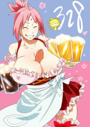  1girl adapted_costume alcohol alternate_breast_size apron bare_shoulders beer between_breasts breasts cherry_blossoms dirndl covered_erect_nipples closed_eyes food german_clothes grin haruno_sakura huge_breasts moyashimon naruto_(series) naruto_shippuuden oktoberfest oryzae-tan pink_hair sausage sexually_suggestive short_hair skirt smile sunahara_wataru traditional_clothes underbust  rating:Questionable score:124 user:king_of_twilight