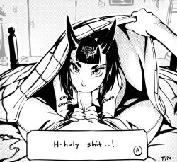 1girl :&gt;= bad_id bad_tumblr_id commentary fake_screenshot fate/grand_order fate_(series) fellatio forehead_jewel greyscale halftone hetero highres horns looking_at_viewer monochrome oni optionaltypo oral penis pov pov_crotch profanity saliva short_eyebrows shuten_douji_(fate) skin-covered_horns solo_focus stealth_fellatio stealth_sex surprised uncensored under_covers visual_novel rating:Explicit score:241 user:danbooru