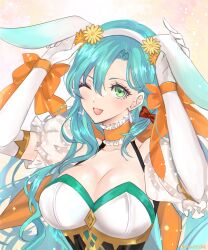  1girl ;d absurdres animal_ears aqua_hair breasts chloe_(fire_emblem) chloe_(spring)_(fire_emblem) choker cleavage commentary_request elbow_gloves eyelashes fake_animal_ears fire_emblem fire_emblem_engage fire_emblem_heroes frilled_choker frills gloves green_eyes hair_between_eyes helen_(helen2210hk) highres large_breasts long_hair looking_at_viewer nintendo official_alternate_costume one_eye_closed open_mouth orange_choker puffy_short_sleeves puffy_sleeves rabbit_ears short_sleeves smile solo twitter_username upper_body very_long_hair white_gloves 