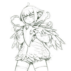  1girl :&lt; ahoge ars_goetia carapace claws commentary_request fantasy feathers fewer_digits green_theme holding holding_mask hood hoodie kamukamu6392 large_hands mask monochrome monster_girl original short_hair shorts sketch sweatdrop zipper 
