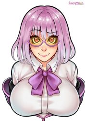  10s 1girl blush bouncymelon bow breasts closed_mouth collared_shirt glasses gridman_universe highres large_breasts looking_at_viewer purple_bow purple_eyes purple_hair red_eyes school_uniform shinjou_akane shirt short_hair signature smile solo ssss.gridman upper_body white_shirt  rating:Sensitive score:3 user:UmuFr
