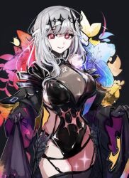  1girl black_dress black_gloves black_thighhighs breasts cleavage closed_mouth clothing_cutout cross-shaped_pupils detached_sleeves diadem dress flower gloves goddess_of_victory:_nikke grey_hair hair_ribbon hip_armor holding holding_clothes large_breasts long_hair looking_at_viewer marian_(nikke) modernia_(nikke) modernia_(second_affection)_(nikke) popoponokoko_hachigatsu red_eyes ribbon see-through see-through_cleavage smile solo symbol-shaped_pupils thighhighs white_ribbon 