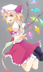 1girl ascot black_footwear blonde_hair bobby_socks bow crystal fang flandre_scarlet frilled_skirt frills from_side full_body grey_background hat hat_bow hat_ribbon long_hair looking_at_viewer looking_to_the_side mary_janes mob_cap multicolored_wings open_mouth red_bow red_eyes red_ribbon red_skirt red_vest ribbon saden_(magumo) shirt shoe_soles shoes short_sleeves simple_background skirt skirt_set socks solo touhou very_long_hair vest white_hat white_shirt white_socks wings wrist_cuffs yellow_ascot