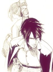  1boy 1girl aaaaa13a aged_down arm_out_of_sleeve back-to-back black_jacket chest_strap final_fantasy final_fantasy_vii hair_over_eyes hands_on_own_stomach high_collar highres holster jacket long_hair looking_to_the_side lucrecia_crescent monochrome open_clothes open_jacket ponytail pregnant serious short_hair shoulder_holster simple_background upper_body vincent_valentine white_background 
