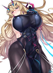  1girl abs armor bare_shoulders black_dress blonde_hair blue_eyes blush breasts brown_pantyhose covered_navel dress barghest_(fate) fate/grand_order fate_(series) gauntlets heterochromia highres horns huge_breasts long_hair looking_at_viewer muscular muscular_female pantyhose pauldrons pelvic_curtain red_eyes shoulder_armor single_gauntlet single_pauldron solo thighs toned watosu  rating:Sensitive score:68 user:buster2222