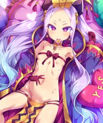 1girl bare_shoulders blue_hair blush breasts choker fate/grand_order fate_(series) gloves gradient_hair hat heart heart-shaped_pupils loli looking_at_viewer mouth_hold multicolored_hair navel purple_eyes purple_hair red_gloves ribbon small_breasts solo spread_navel symbol-shaped_pupils toraishi_666 wu_zetian_(fate) rating:Questionable score:121 user:danbooru