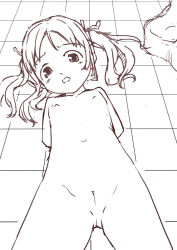  1girl artist_request blush flat_chest loli lying monochrome nude on_back pussy sketch tagme  rating:Explicit score:17 user:henna